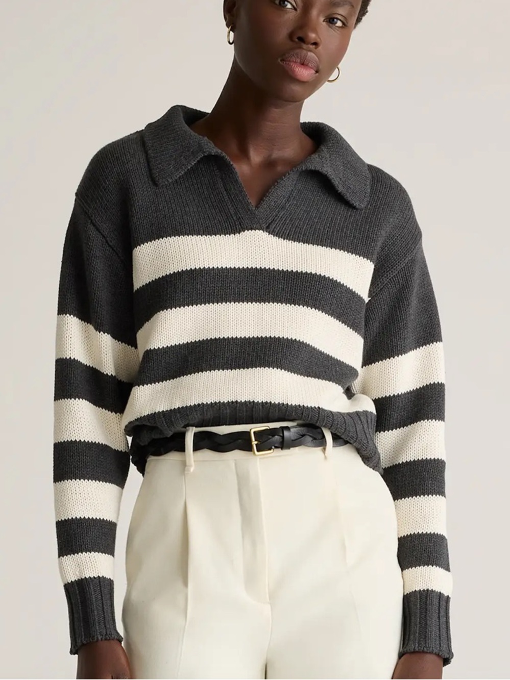 Quince Women's Striped Cropped Polo Sweater - Charcoal & Cream